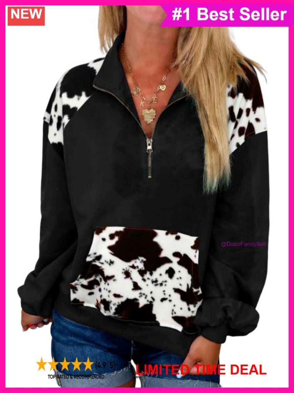 Women's Aztec Cow Print Half-Zip Pullover Sweatshirt Western Cowgirl